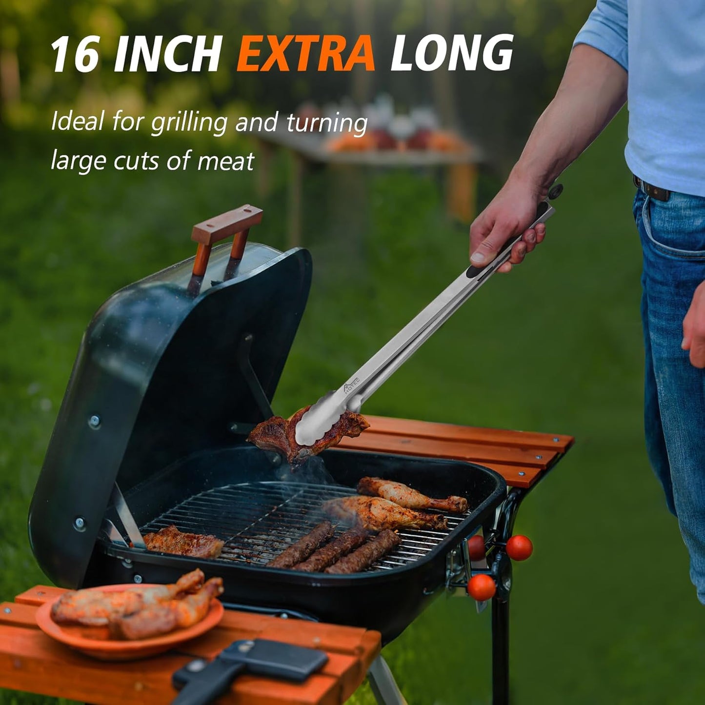 Hotec Stainless Steel Kitchen Tongs, 16 Inch Extra Long Locking Metal Food Tongs for Cooking, Serving, BBQ, Grill Non-Slip Grip