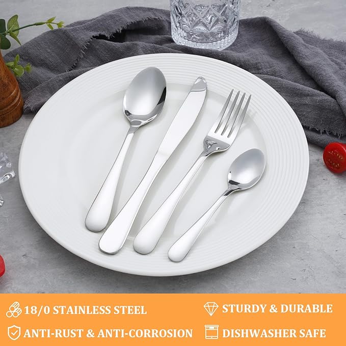 KOOMADE-Lucent- 24 Piece Set Silverware Stainless Steel Home Kitchen Flatware Include Forks Spoons Knives Great for Family Gatherings & Daily Use