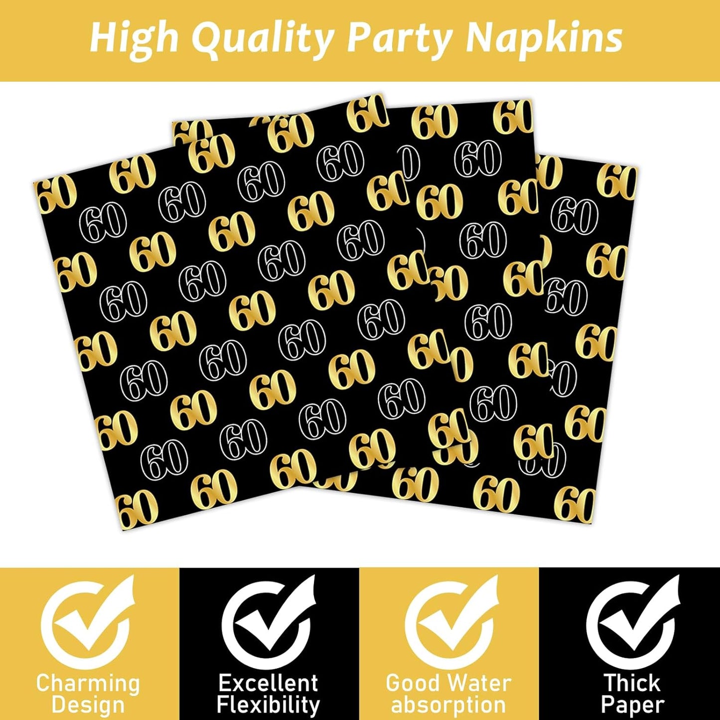 200PCS 60th Theme Birthday Party Tableware Vintage 1965 Party Supplies 60 year old Birthday Party Decorations Plates Napkins Forks Black and Gold Dinnerware Favors for Men or Women