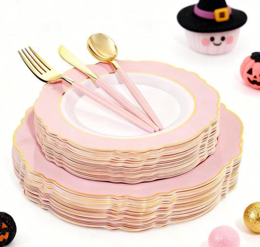 WDF 30Guest Pink Plates Disposable - Hign-end Baroque Design - Gold Plastic Silverware with Handle-Baroque Pink &Gold Plastic Dinnerware for Wedding/Baby Shower