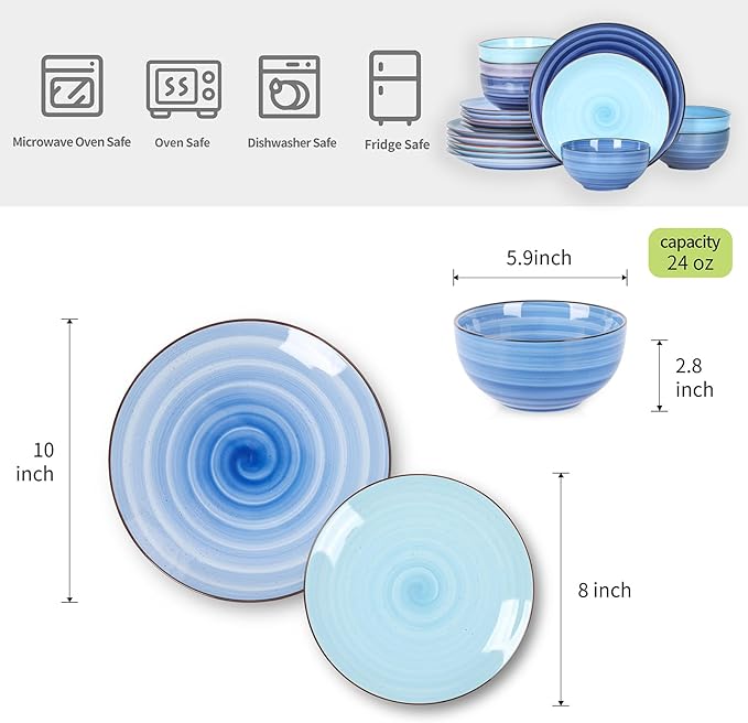Selamica Ceramic Dinnerware Sets for 6, 18 Pieces Plates and Bowls Set, Scratch Resistant Dishes Set, Handpainted Swirl with Spot Dishwasher & Microwave Safe, Gradient Blue
