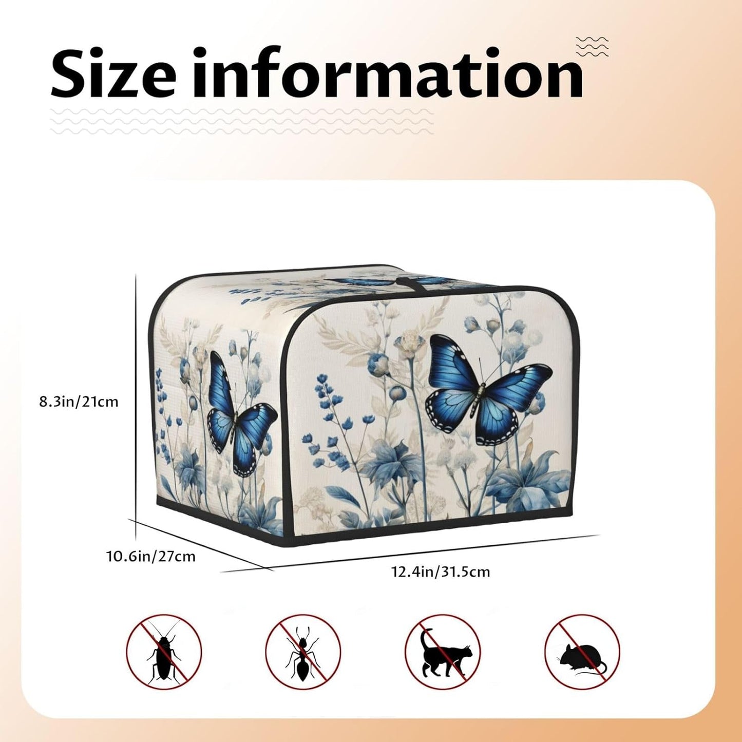 Toaster Cover 4 Slice Butterfly Blue Flower Boho Kitchen Small Appliance Covers with Pockets Dust and Fingerprint Protection