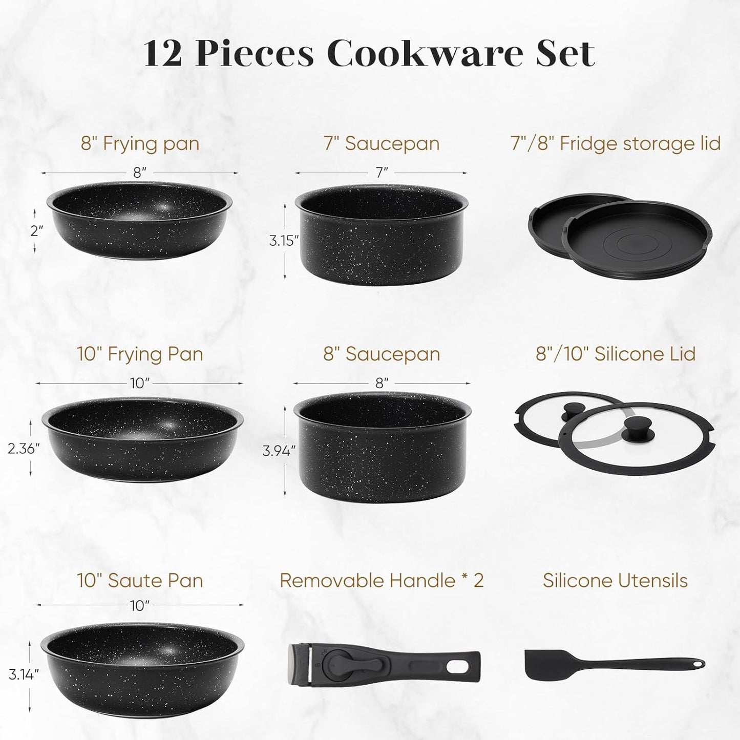 Sweetcrispy 12 pcs Pots and Pans Set, Nonstick Kitchen Induction Cookware Suit with Detachable Handle, Dishwasher Oven Safe, Pitch Black