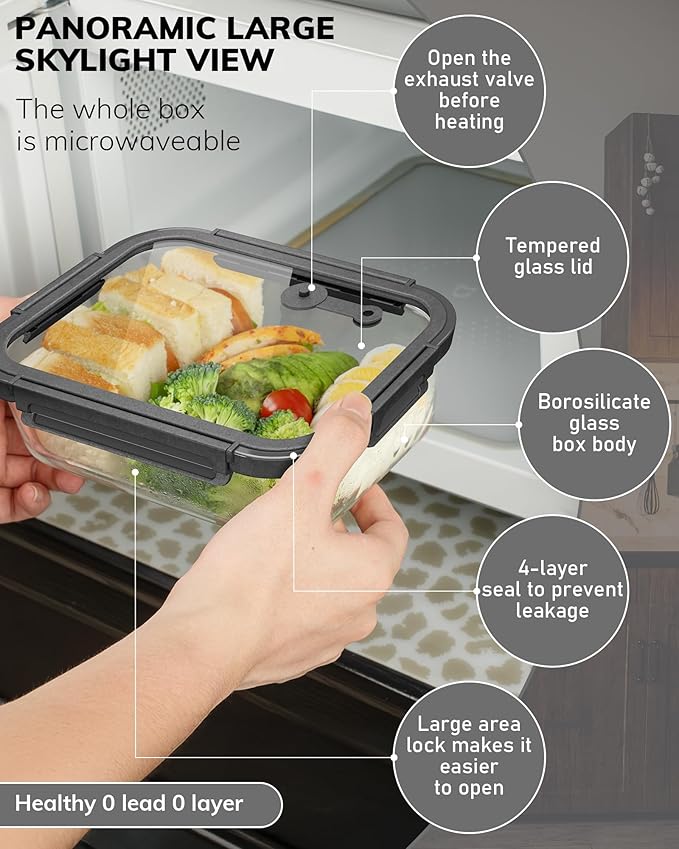 2-Pack Glass Food Storage Containers with Tempered Lids (630ml/2.7cup) - Airtight Snap Lock, Microwave & Oven Safe (-4℉~ 950°F), Freezer to Baking Dish, BPA-Free, Gift Box (Gray)