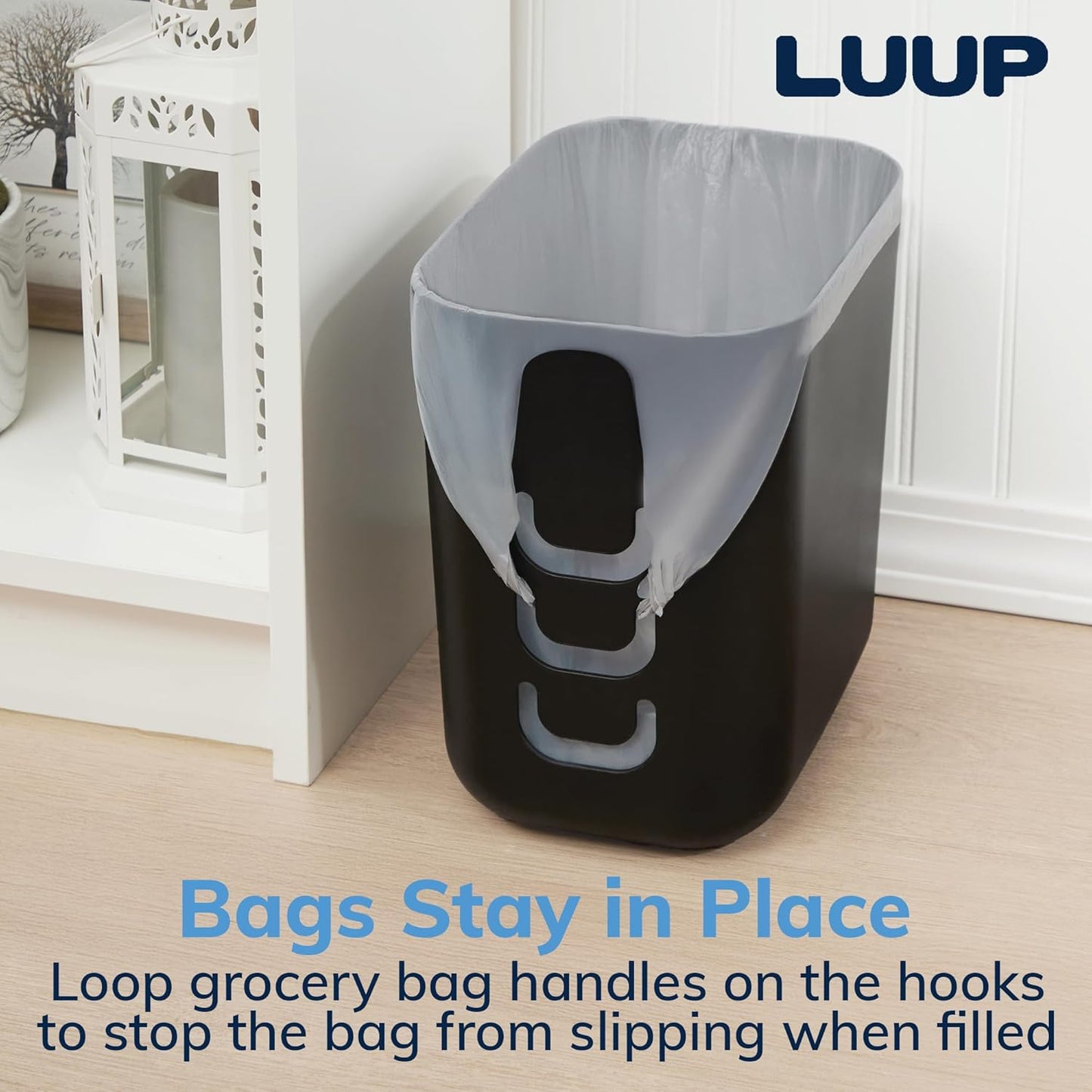 STORi Luup Bathroom Wastebasket 2pk, Secure Grocery Bags, Plastic Garbage Container for Vanity, Laundry Room, Kitchen, Office, 2.5 Gallon, Black, Made in USA