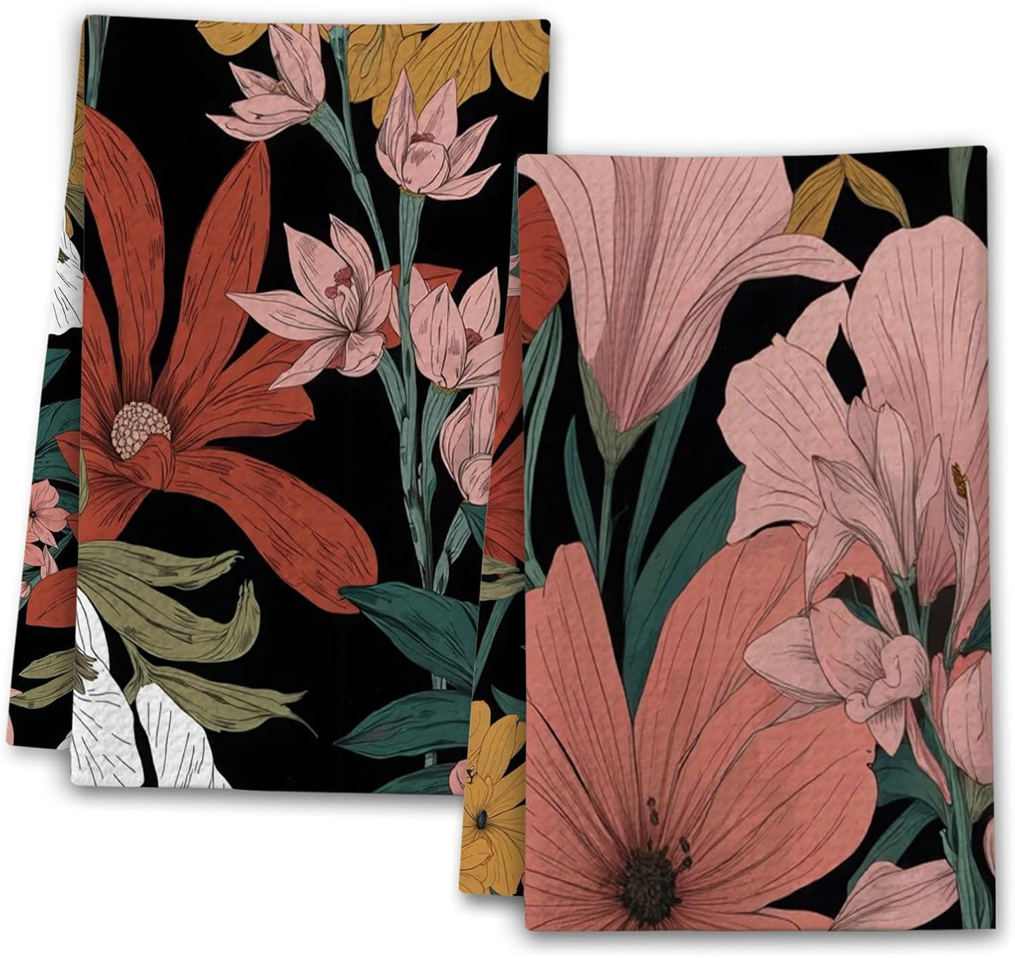 Boho Kitchen Towels, Colorful Flowers House Hand Towel Set of 2, Vintage Gifts for Home Bathroom Holiday Decor - A04