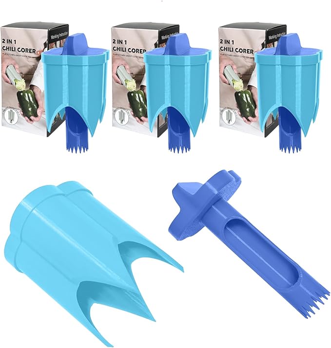 Pepper Corer, 2 in 1 Red Bell Pepper Seed Corer Remover Tool, Fruit & Vegetable Corers Quick Cave Tools for Jalapeno Cutter Deseeder, S-Blue, 3 PCS