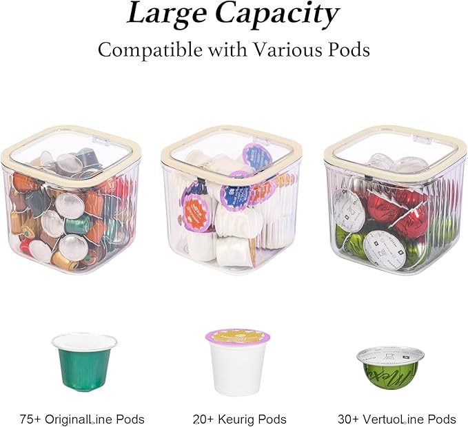 Clear Coffee Pod Holder with Lid, Coffee Pods Storage for Counter, Small Food Storage Organizer Bins, Clear Plastic Bins for Pantry, Kitchen, Cabinet Organization and Storage