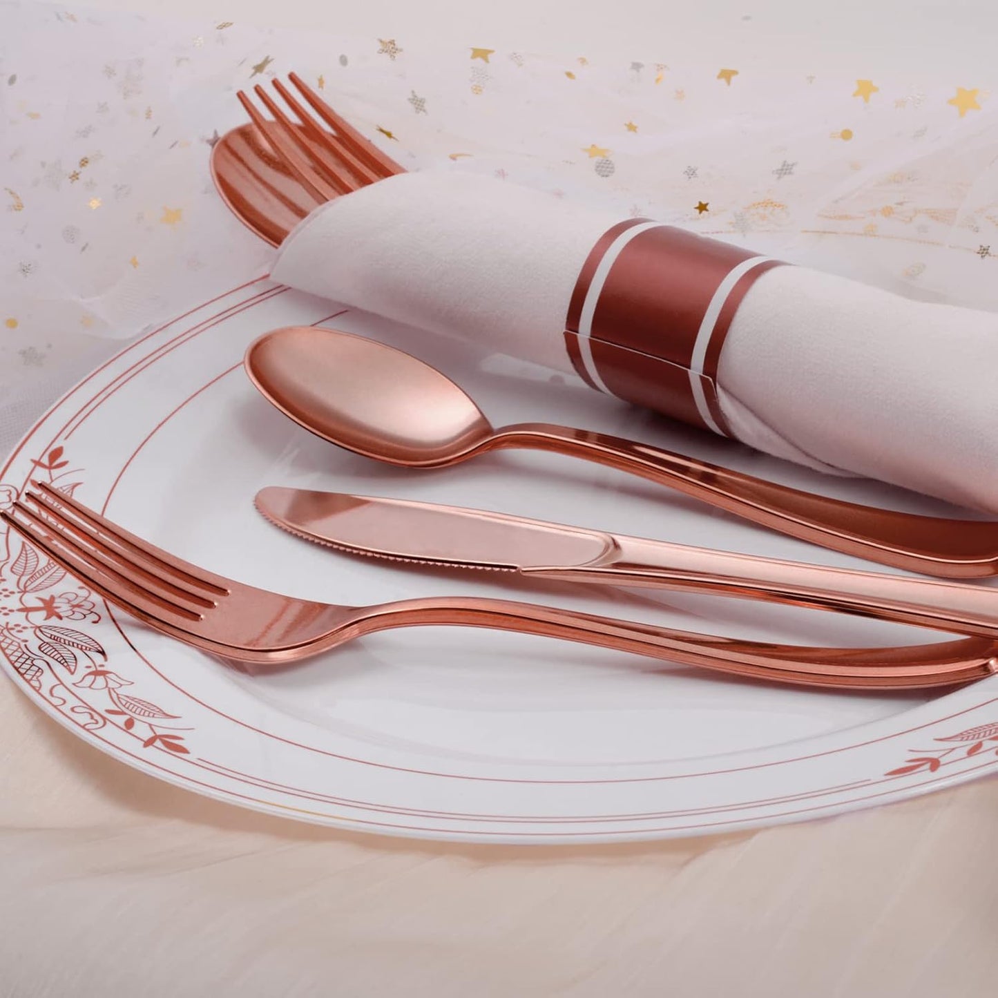 Rose Gold Disposable Plastic Silverware - 100Pack Pre Rolled Plastic Cutlery, Wrapped Party Silverware, Rolled Disposable Utensils with 100 Forks Knives Spoons Dinner Napkins for Party