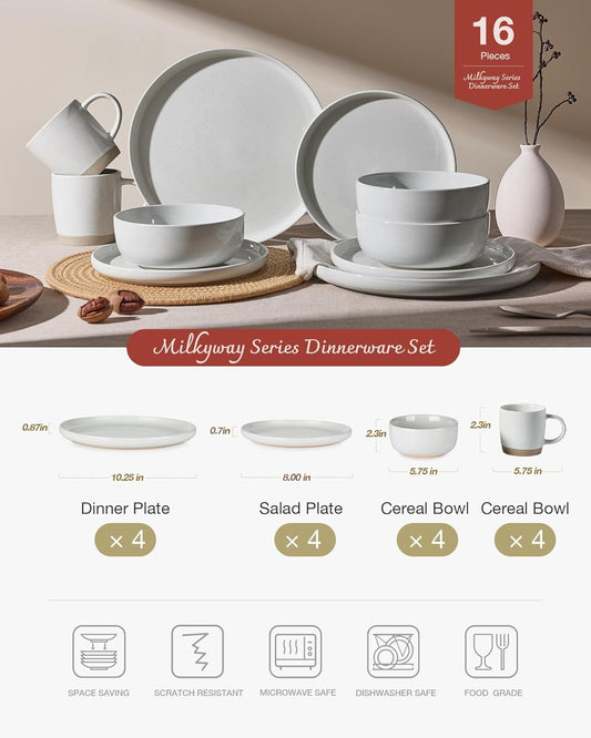 Famiware Milkyway Dinnerware Set with Mugs, Service for 4 (16pcs), Ribbed Stoneware Plates and Bowls Dishes Sets - Chip & Scratch Resistant, Microwave & Dishwasher Safe, Light Gray