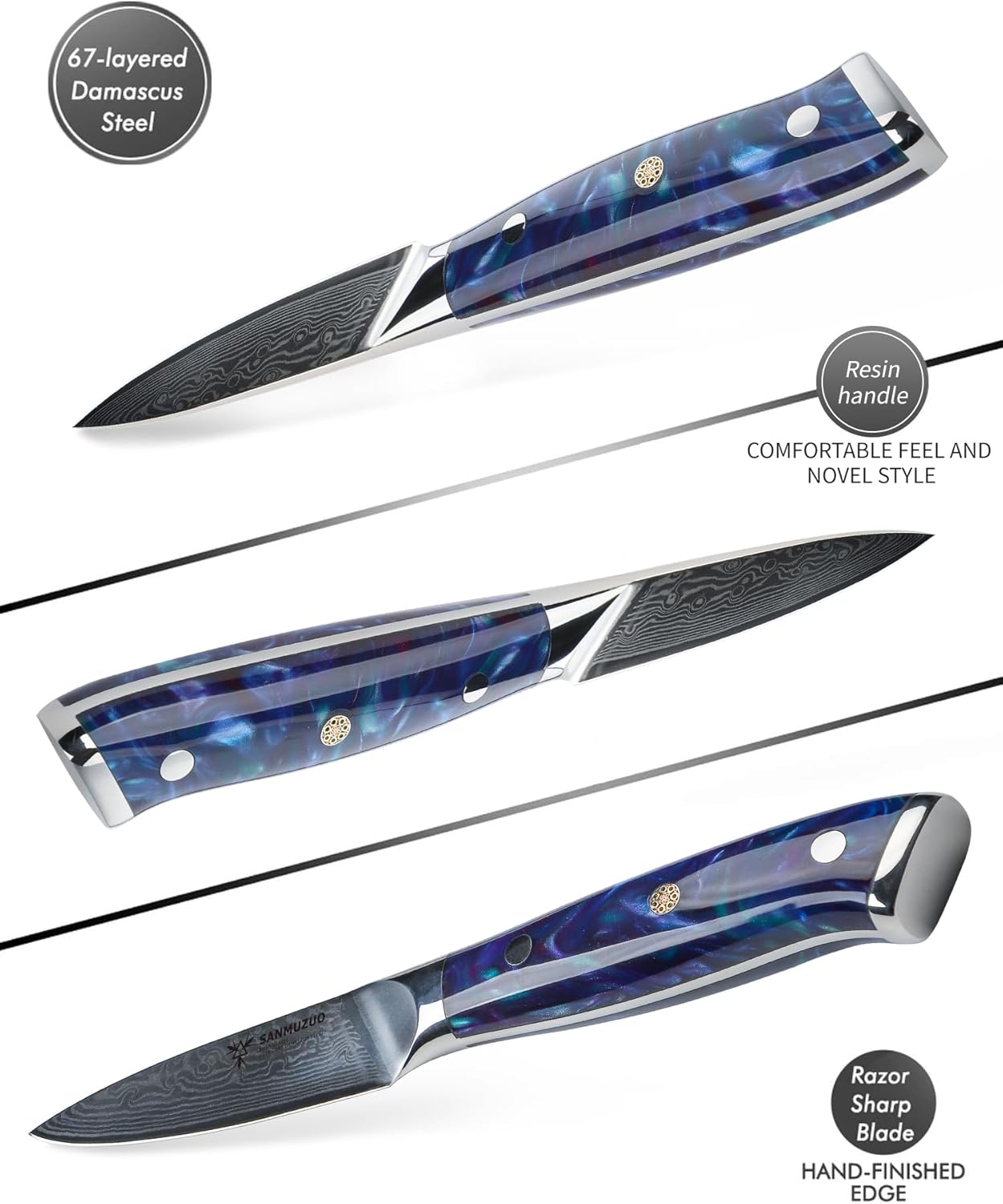3.5 Inch Paring Knife - Kitchen Fruit Peeling Knife Damascus Steel & Resin Handle - Xuan Series(Sapphire Blue)
