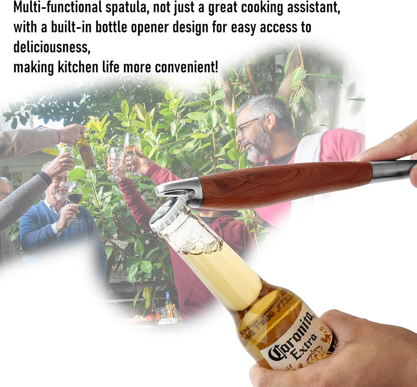 KULUNER Professional Grade Stainless Steel Cooking Spatula - 17 Inches, Sturdy and Durable, Premium Solid Wood Handle, with Bottle Opener, Suitable for Barbecue, Outdoor Kitchens, and Grilling Food