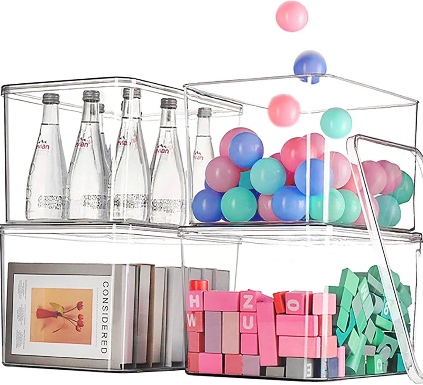 Clear plastic storage bins with LIDS-4packs,storage containers for snacks, cosmetics, books, dog food, Storage Organizer for Nursery，Kitchen, Living room,Bedroom, Bathroom, Office