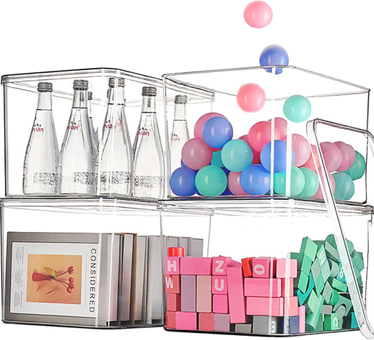 Clear plastic storage bins with LIDS-4packs,storage containers for snacks, cosmetics, books, dog food, Storage Organizer for Nursery，Kitchen, Living room,Bedroom, Bathroom, Office