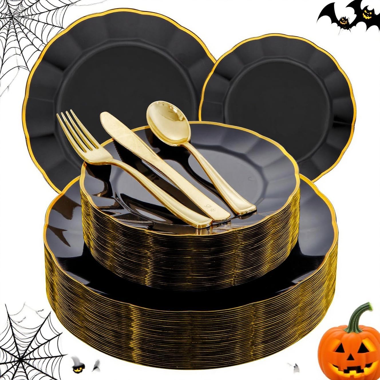 EI 150pcs Black Plastic Plates,Black and Gold Fancy Plate,Gold Plastic Silverware,Black and Gold Dinnerware Set,Premiun Heavy Duty Taleware,Perfect for Halloween,Party,Wedding,Anniversary