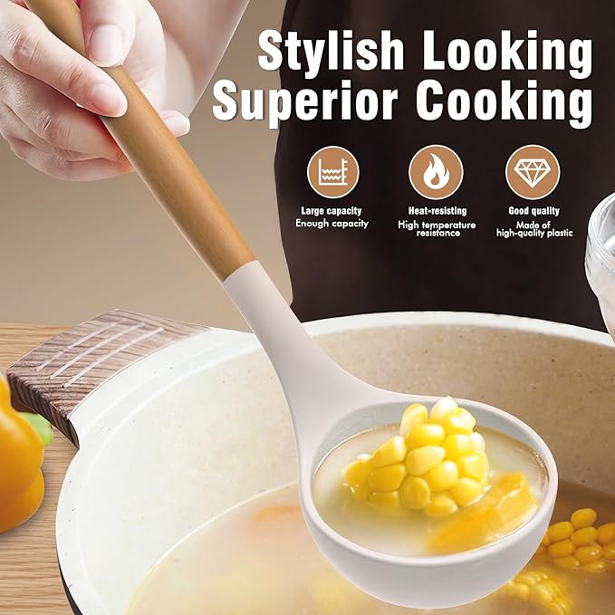 Silicone Cooking Utensils Set - Silicone Kitchen Utensils for Cooking Wooden Handles, 446°F Heat Resistant Kitchen Utensil Spatula Sets w Holder, Gadgets for Non-Stick Cookware BPA FREE (Khaki)