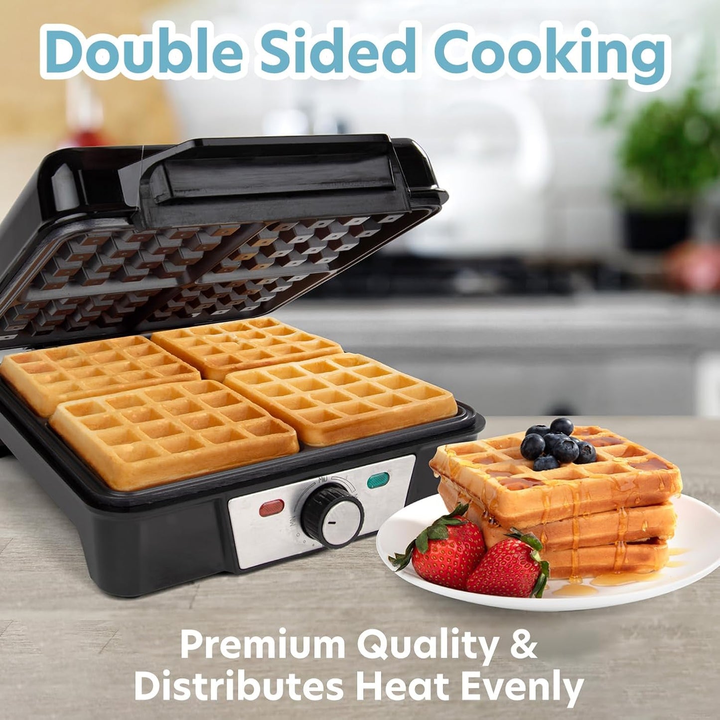 CucinaPro Four Square Belgian Waffle Maker, Extra Large Stainless Steel Kitchen Appliance w Nonstick Waffler Iron Plates Makes 4 Fluffy Waffles, Great Griddle for Family Holiday Breakfast or Xmas Gift