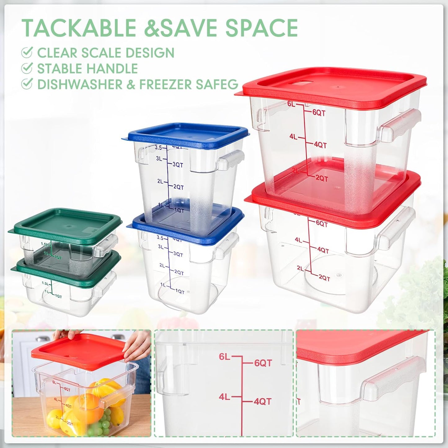 Lallisa 6 Pcs Food Storage Set, Square Polycarbonate Restaurant Food Storage Containers with Lids commercial Clear Cereal Containers for Kitchen, 3 Colors(2 Quart 4 Quart and 6 Quart)