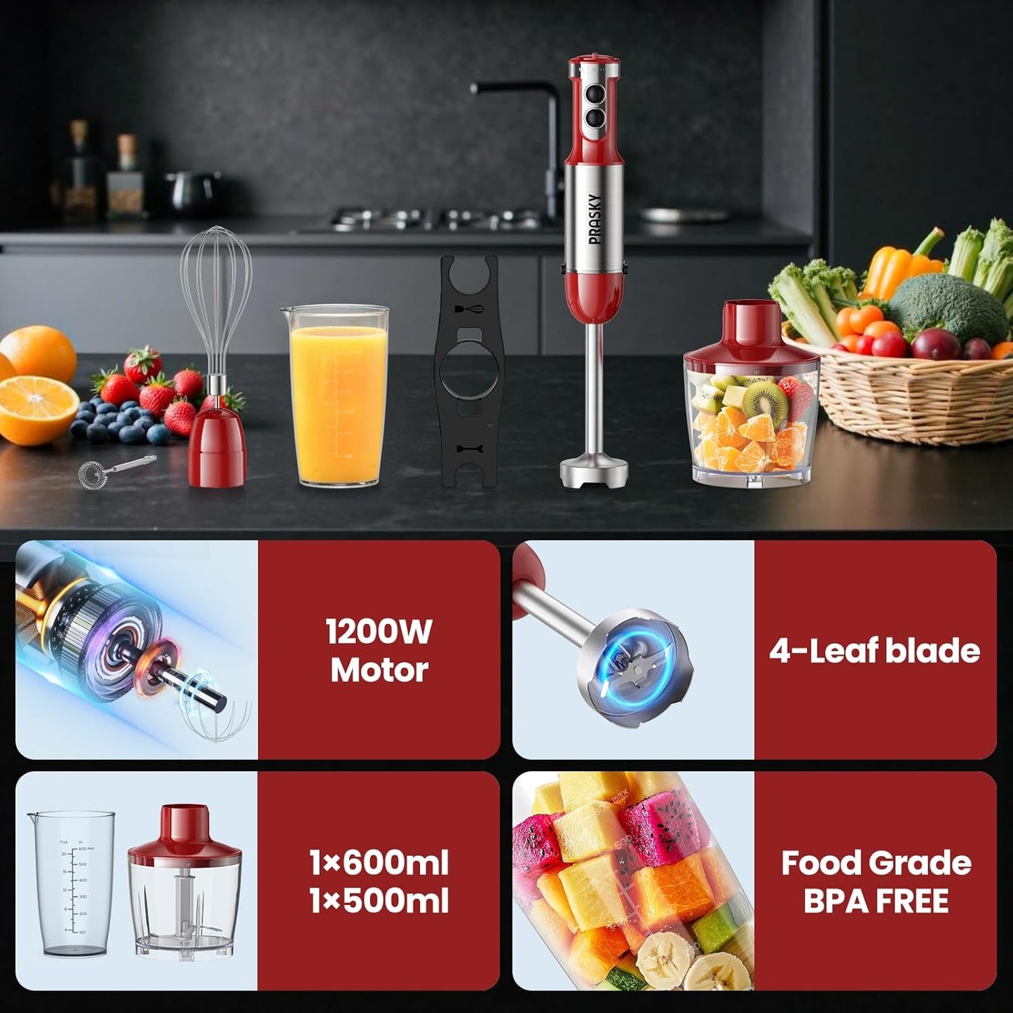 Immersion Blender Handheld，1200W Hand Blenders, 20 Speed & Turbo Mode Hand Held Blender, Stainless Steel Blades, Milk Frother Wand, Whisk, 600ml Beaker, 500ml Chopper (Red)