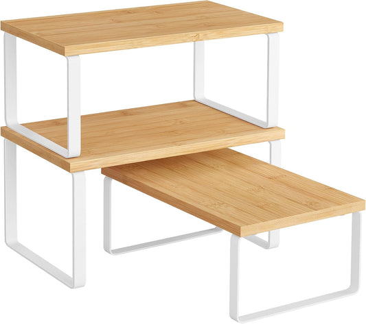 SONGMICS Cabinet Organizer Shelf, Set of 3 Kitchen Counter Shelves, Kitchen Storage, Spice Rack, Stackable, Expandable, Cloud White and Natural Beige UKCS014YL02