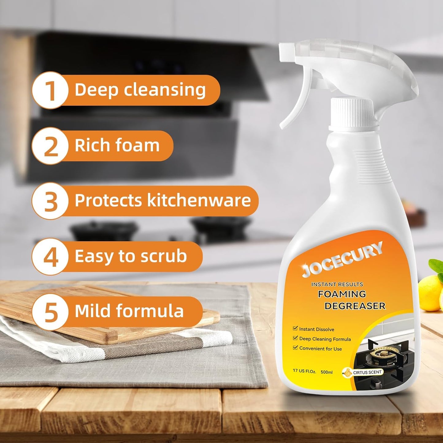 500ML Kitchen Foam Cleaner, Multipurpose Grease Cleaner Spray for Pots, Pans, Surfaces & Appliances with Dual-Spray nozzle,No-rinse Formula
