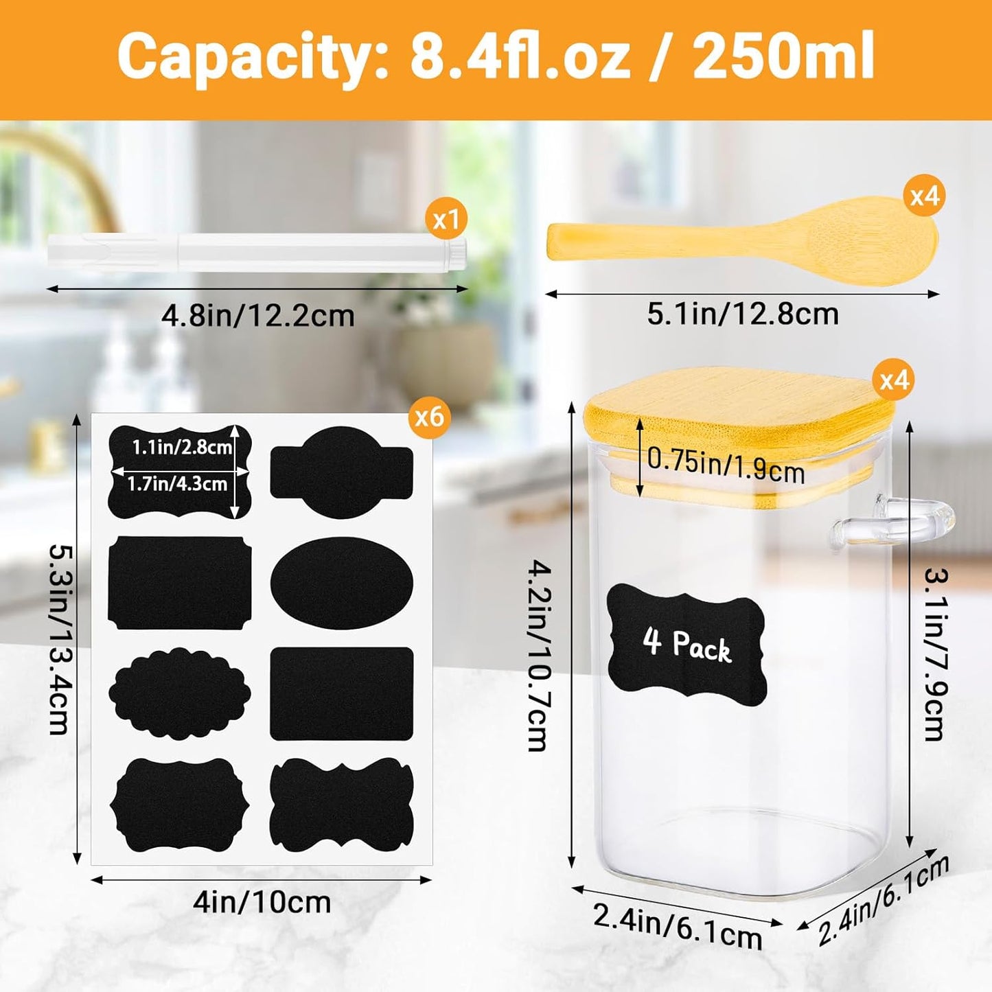Glass Jars with Bamboo Lids Set of 4, 8 Fl.oz Square Glass Spice Jars with Lid and Spoon, Small Food Canister Stackable Pantry Container for Honey Jam, Seasoning, Tea, Coffee and Sugar