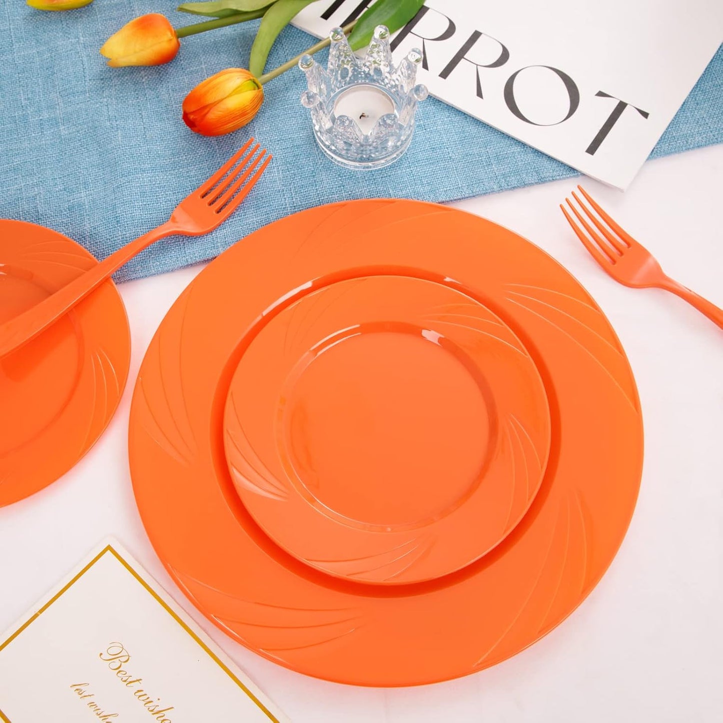 YOUBET 125Pieces Orange Plastic Plates - Orange Plate Disposable Include 50 Dinner & Dessert Plates 25 Forks 25 Knives 25 Spoons Perfect for Parties & Thanksgiving