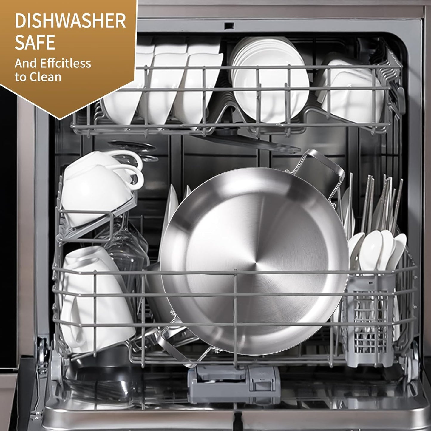 Inqibee 13-Inch Tri-Ply Stainless Steel Paella Pan with Lid,Griddle,Large Skillet,Induction Cooking Pan,Dishwasher and Oven Safe