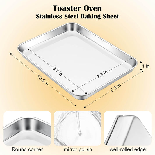 E-far Toaster Oven Tray, 10.5”x8.3” Stainless Steel Small Baking Cookie Sheet, Compact Non-toxic Metal Baking Pan for Cake, Healthy & Rust Free, Mirror Finish & Dishwasher Safe, 1 Pack