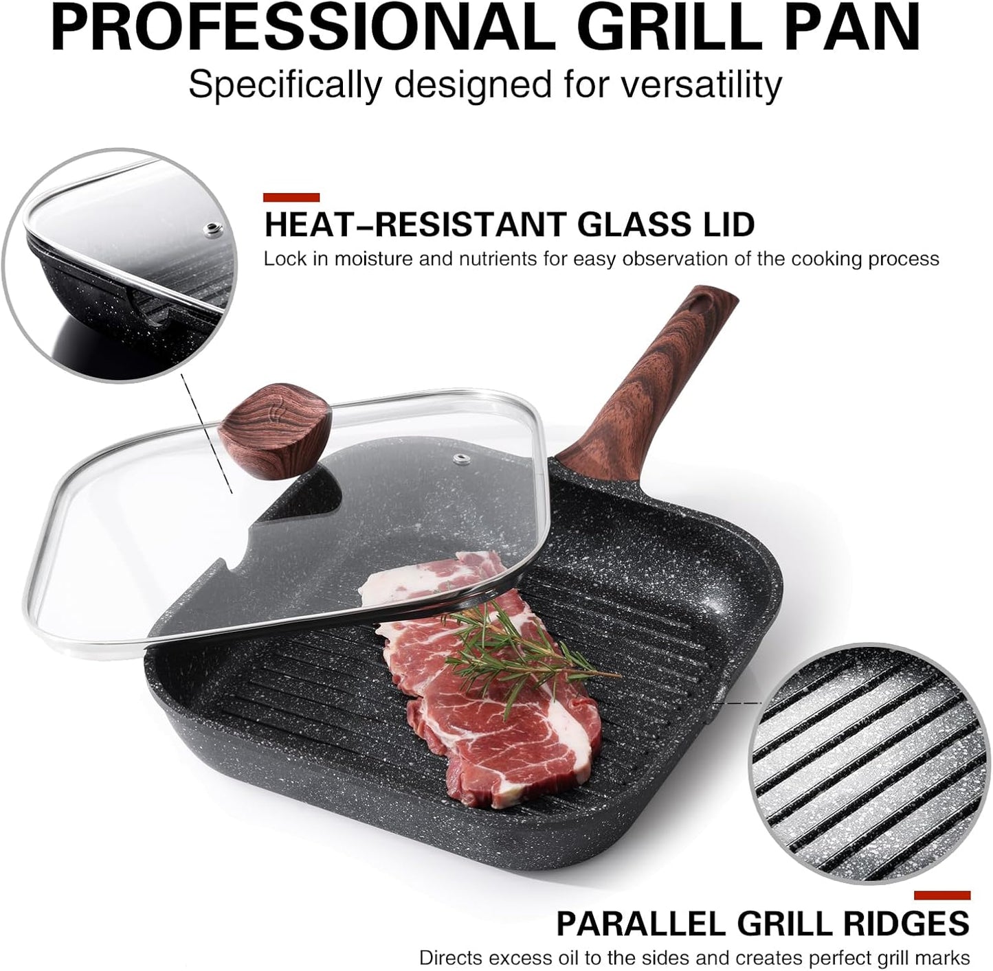 Kordisen Nonstick Grilling Pan with Lid for Stove Tops, 11 Inch Square Grill Pan for Indoor Cooking, Granite Coating Grill Skillet with Pour Spouts, Versatile Griddle, Induction Steak Pan, PFOA Free