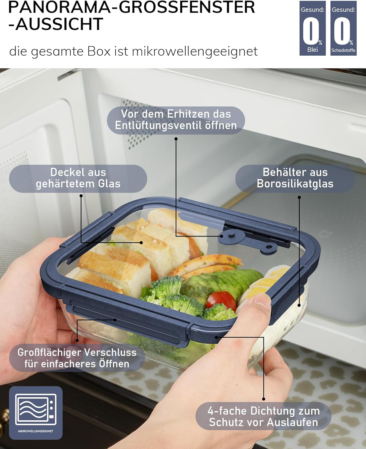 5-Pack Borosilicate Glass Containers with Tempered Lids, 35.2oz/4.4 Cup Airtight Meal Prep Set, Microwave/Freezer Safe (Blue)