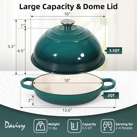 Davivy 5.5QT Dutch Oven for Sourdough Bread, Enameled Cast Iron Dutch Oven with Lid, 10" Round Sourdough Bread Oven, Bread Cloche for Bread Baking - Gradient Teal