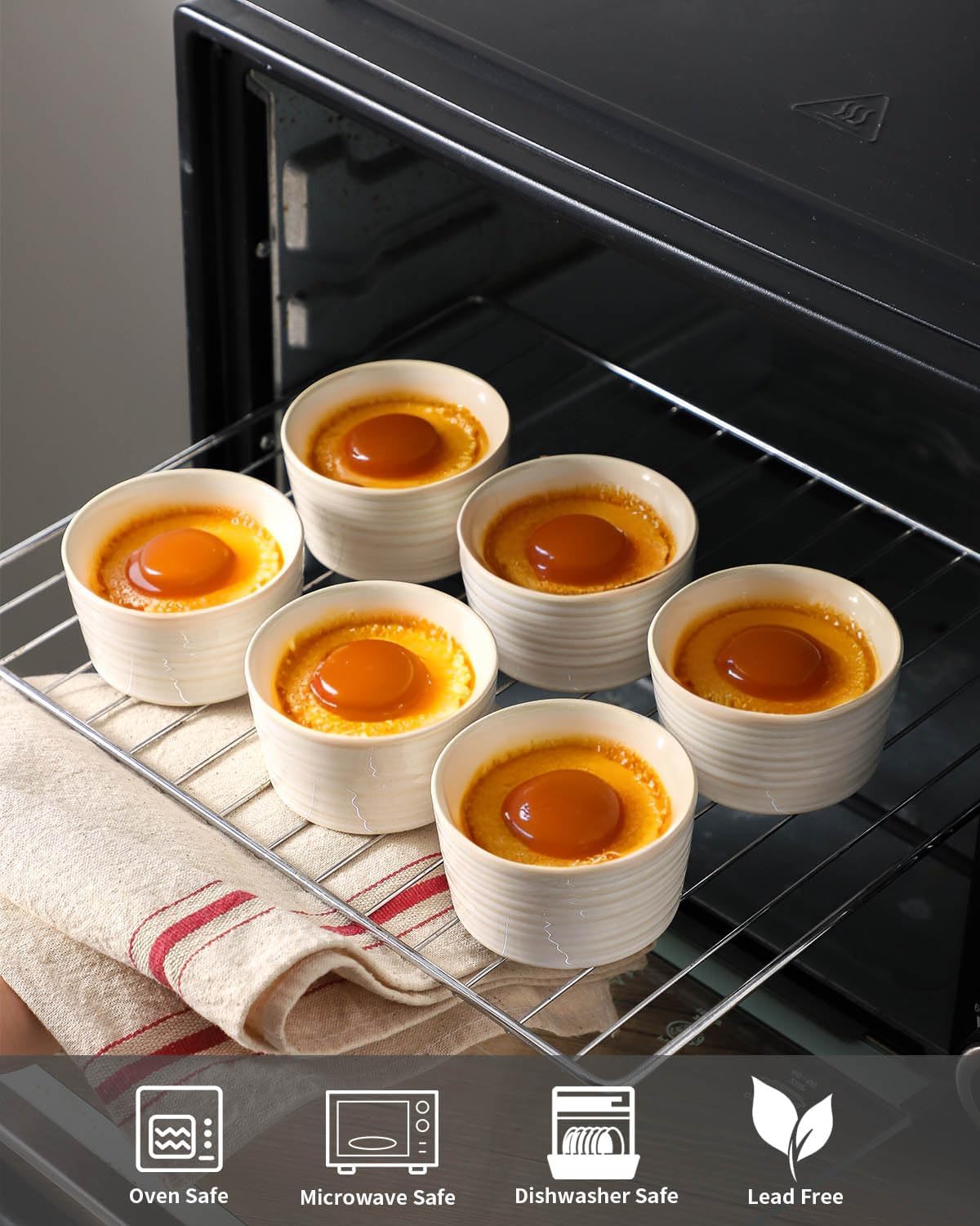 Hasense 4 oz Ramekins Oven Safe, Ceramic Creme Brulee Bowls Set of 6, Mini Baking Dishes for Souffle Pudding, Serving Dip, Custard, Ice Cream, Clay-Infused White