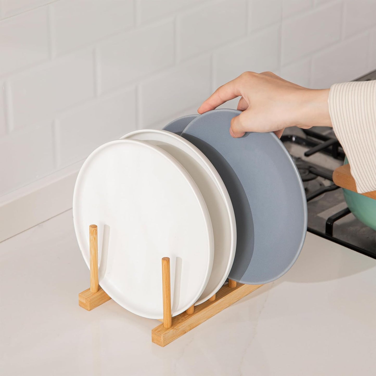 HBlife 2pcs Bamboo Dish Plate Bowl Cup Book Pot Lid Cutting Board Drying Rack Stand Drainer Storage Holder Organizer Kitchen Cabinet（Keep Dry）