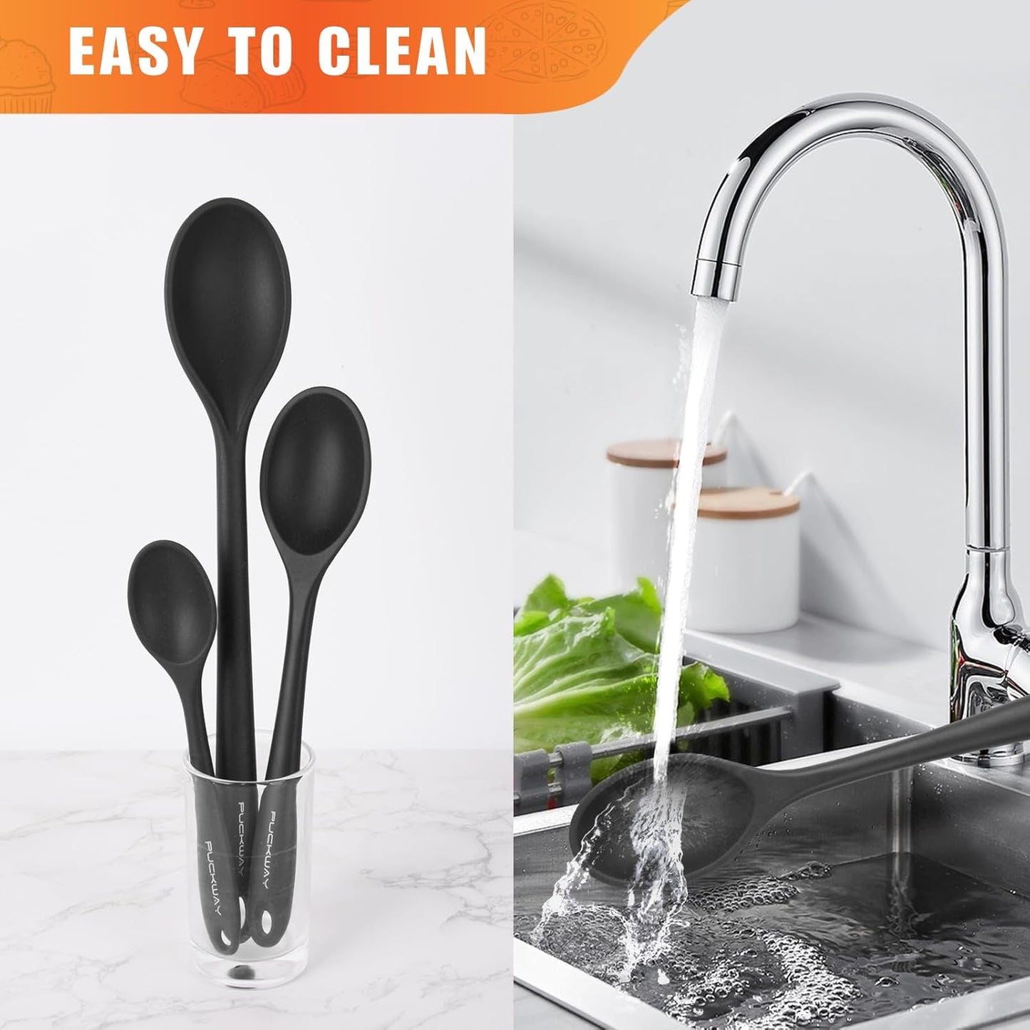 3 Pcs Silicone Spoons Set of 7.9 10.6 14.2 inch for Cooking, Heat Resistant Kitchen Spoons for Mixing, Stirring, and Serving, Small to Large Non Stick (Black)