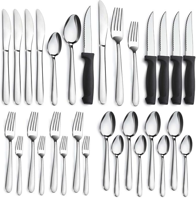 Pleafind 24-Piece Silverware Set - Stainless Steel Flatware with Steak Knives, Forks, Spoons, Knives - Dishwasher Safe for Home or Restaurant