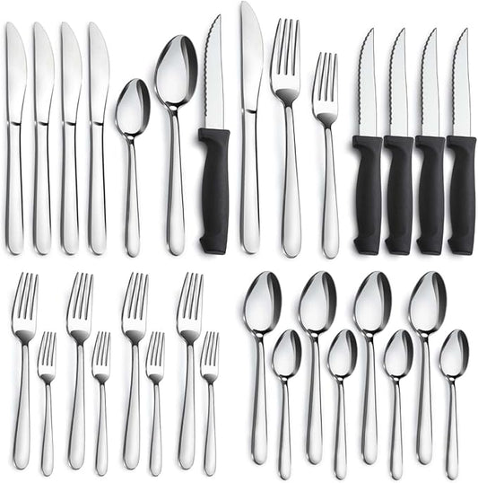 Pleafind 24-Piece Silverware Set - Stainless Steel Flatware with Steak Knives, Forks, Spoons, Knives - Dishwasher Safe for Home or Restaurant