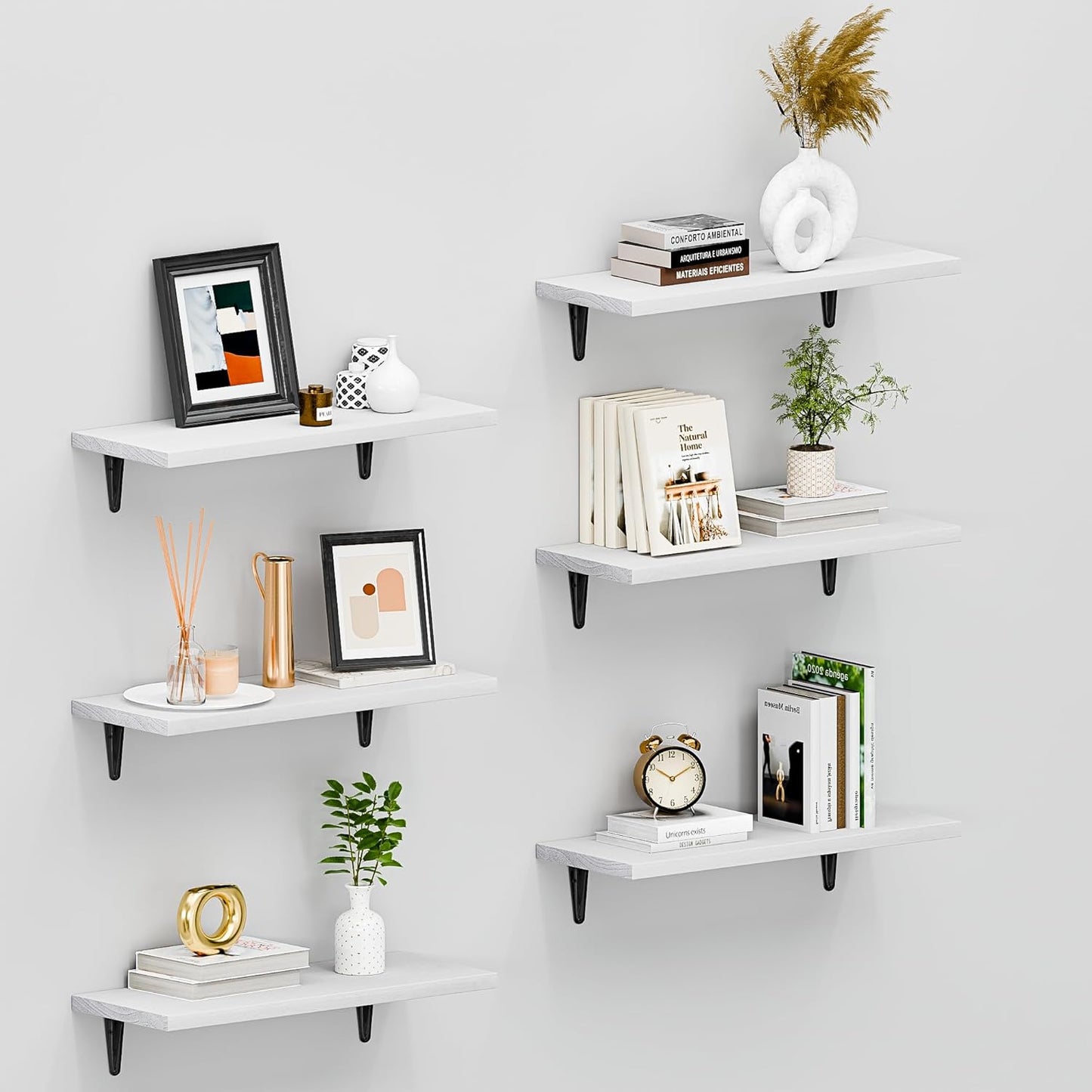 SKYSEN Floating Shelves for Wall Set of 6, 15.7in Wood Wall Shelf for Decor, Bathroom, Bedroom, Storage, Book,Kitchen, Living Room - White(fs-40-w)