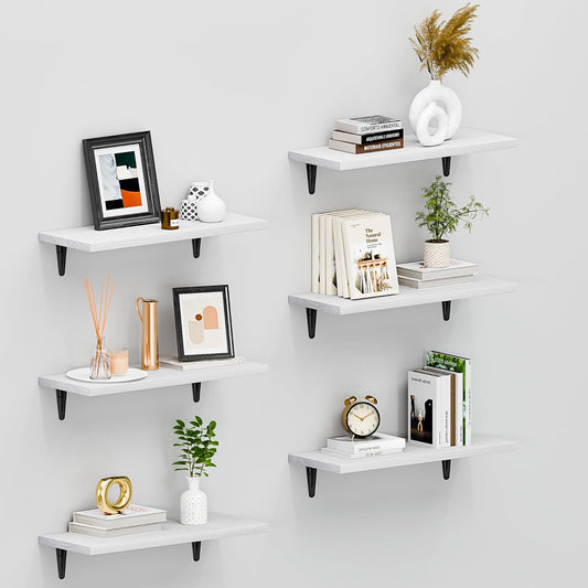 SKYSEN Floating Shelves for Wall Set of 6, 15.7in Wood Wall Shelf for Decor, Bathroom, Bedroom, Storage, Book,Kitchen, Living Room - White(fs-40-w)