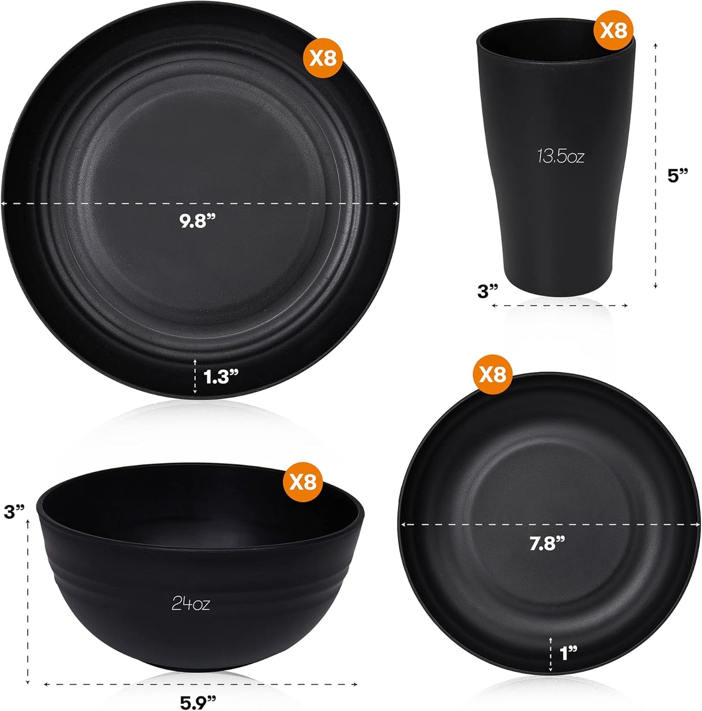 Wheat Straw Dinnerware Sets | Unbreakable Dinnerware Sets | Dishwasher Microwave Safe Dinnerware | Eco Friendly Non Breakable Dinnerware Sets | RV Outdoor Camping (Black, Service for 8 (32 pcs))