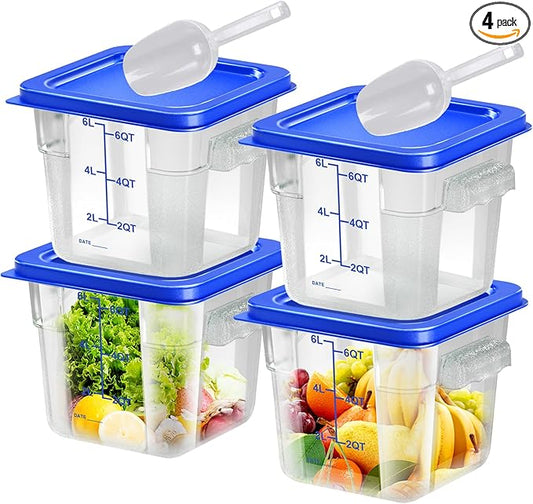 4 pcs 6qt Food Storage Containers with Lid, Square Clear Commercial Food Storage Containers with Handle and Scale for Food Storage in Home Kitchen & Dining (Blue)