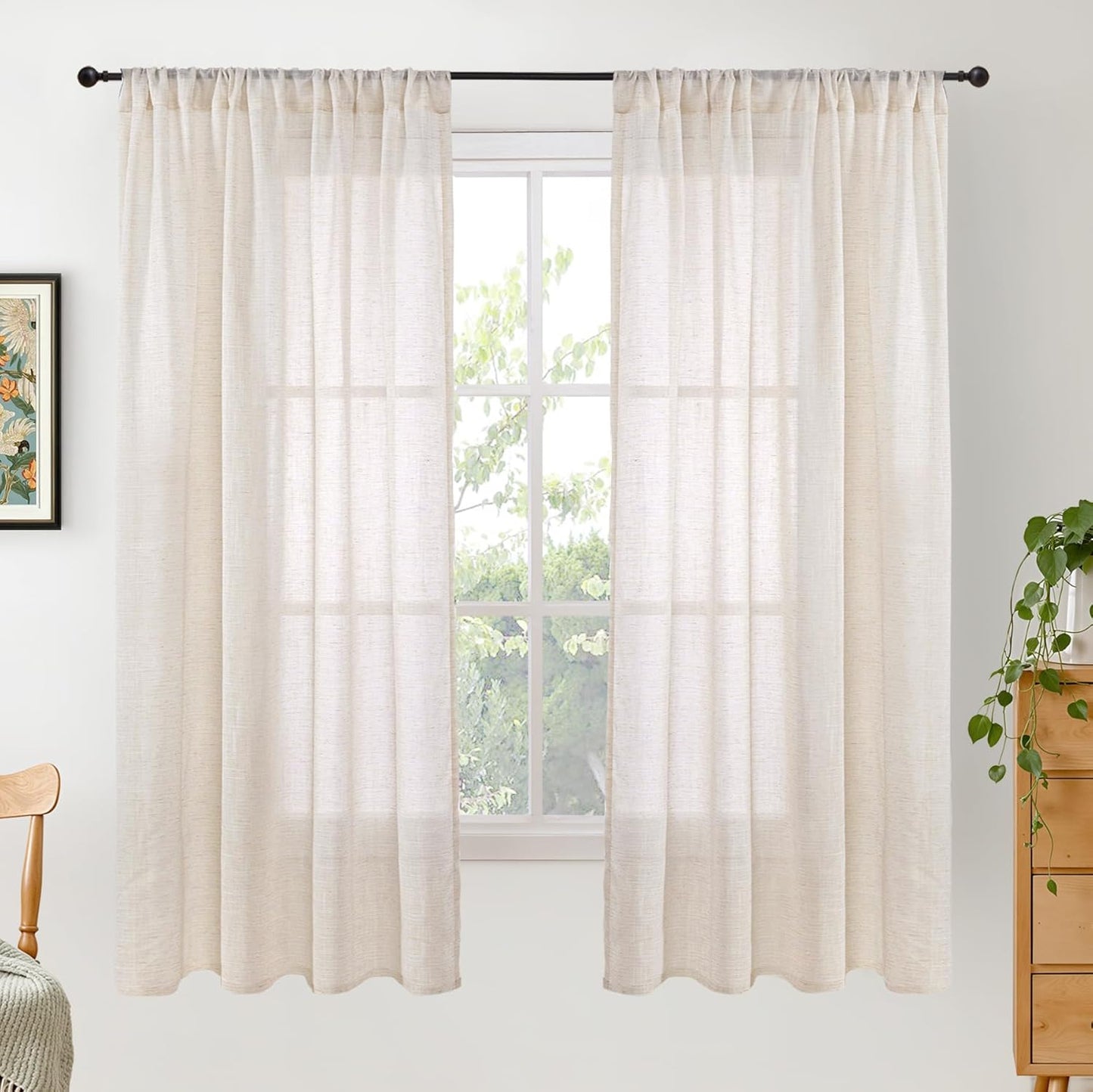 BGment Oatmeal Linen Curtains 63 Inches Long for Bedroom Windows, Sheer Drapes Lightweight Rustic Country Textured for Farmhouse Living Room Decor Rod Pocket, 2 Panels Set, Each 42 Inch Wide