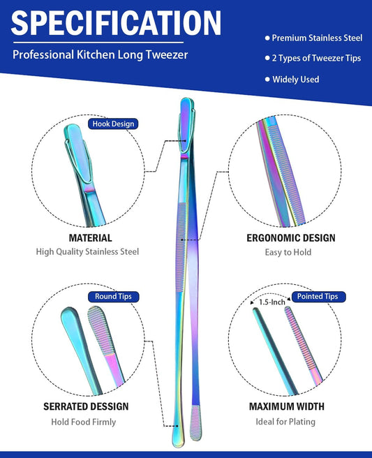 JETKONG 4 Pcs Kitchen Tweezers, 12'' and 10'' Stainless Steel Cooking Tweezers Set, High-Precision Tweezers Tongs for Cooking, Repairing, Seafood and BBQ (Rainbow)