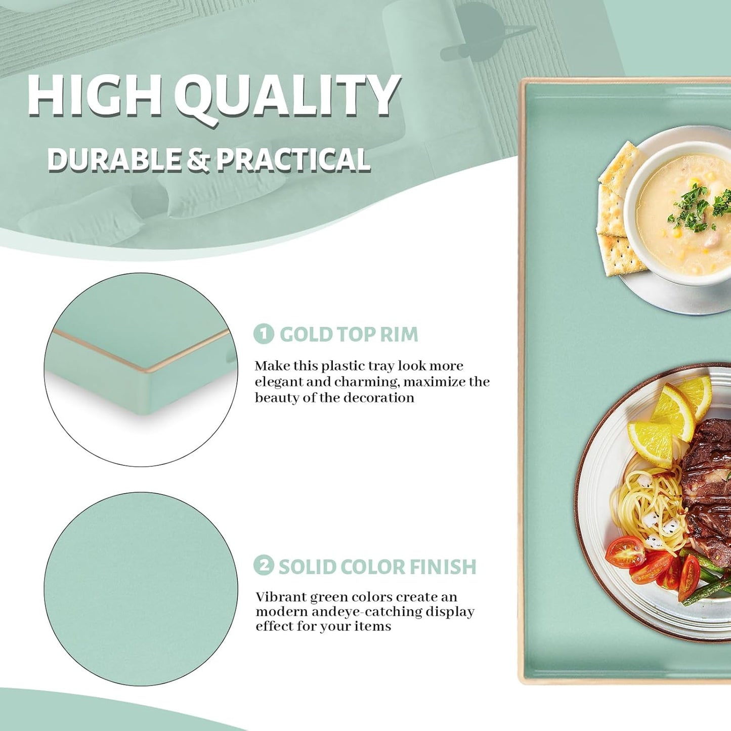 MAONAME Mint Green Serving Tray with Handles, Modern Decorative Trays for Coffee Table, Plastic Rectangular Trays for Ottoman, Bathroom, Decor, 15.8” x 10.2” x1.4