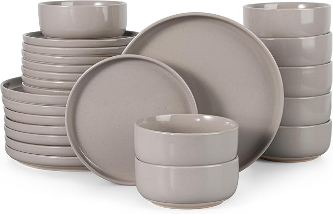 HaWare Stoneware Dinnerware Sets, 24-Piece Plates and Bowls Set for 8, Dishes Set for Home Restaurant, Speckled Cream Coffee