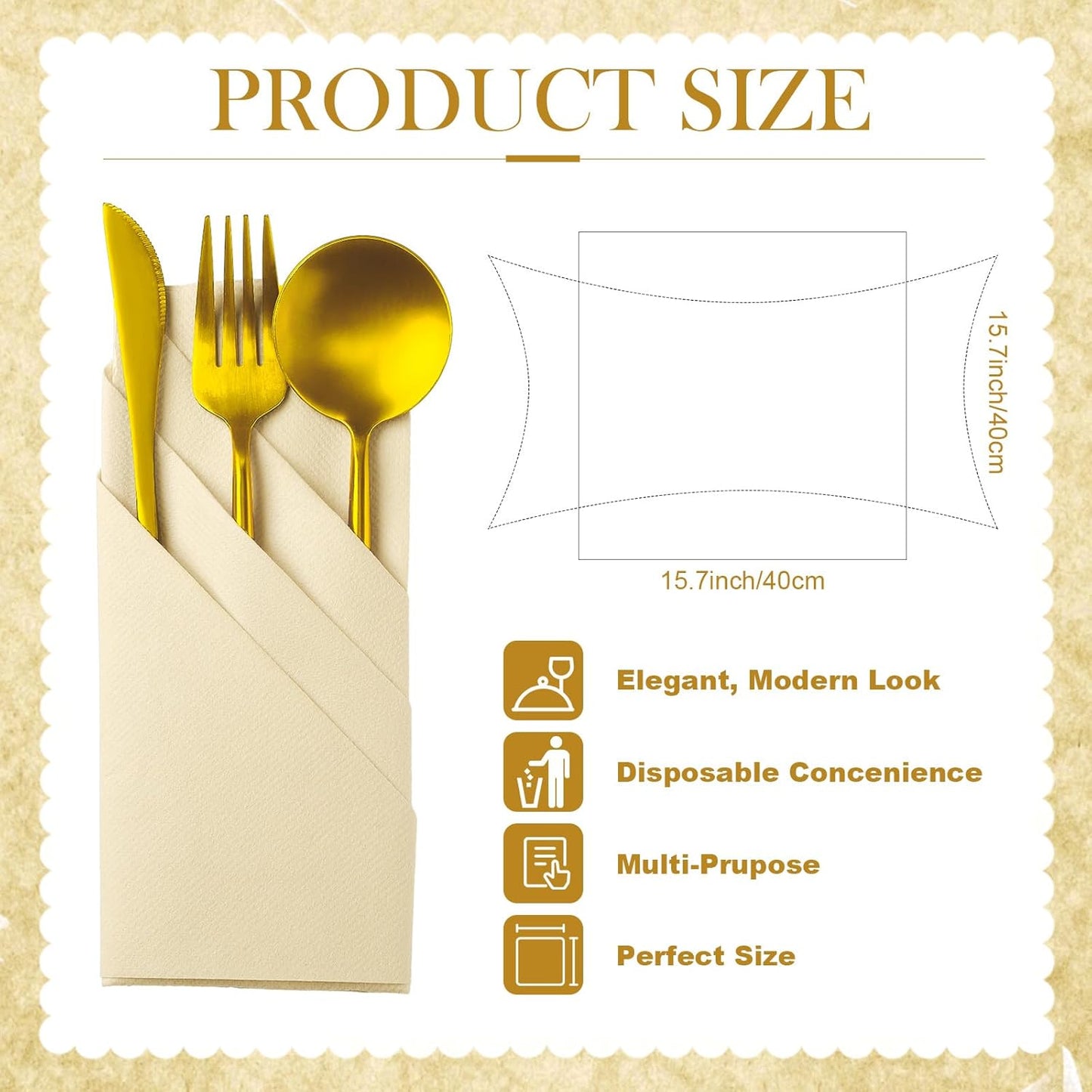 Qilery 50 Pcs Paper Linen Napkins Disposable Airlaid Paper Prefolded Dinner Napkins with Built in Flatware Pocket for Silverware Valentine Wedding Party Christmas Day (Champagne)