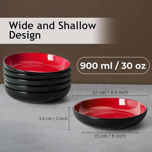 MIAMIO – 30 Oz / 8.6 Inch Set of 6 Pasta Bowls/Salad Bowls, Pasta Plates Wide and Shallow Bowl, Large Ceramic Stoneware Deep Plate Serving Soup - Le Papillon Collection (Red)