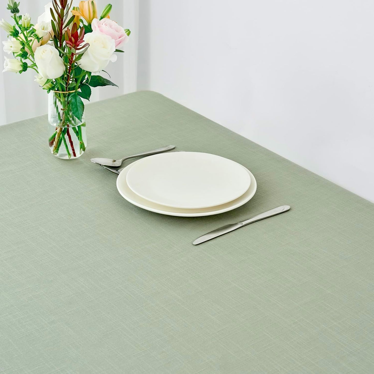 maxmill Lux Faux Linen Tablecloth with Slubby Textured Weaves Wrinkle Free Anti-Shrink Soft Table Cloth for Kitchen Dining Tabletop for Outdoor and Indoor Use Rectangle 60 x 84 Inch Sage Green