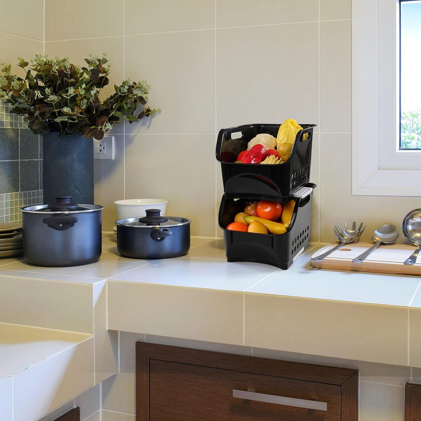 3-Pack Plastic Stacking Bins, Stackable Storage Basket, Black