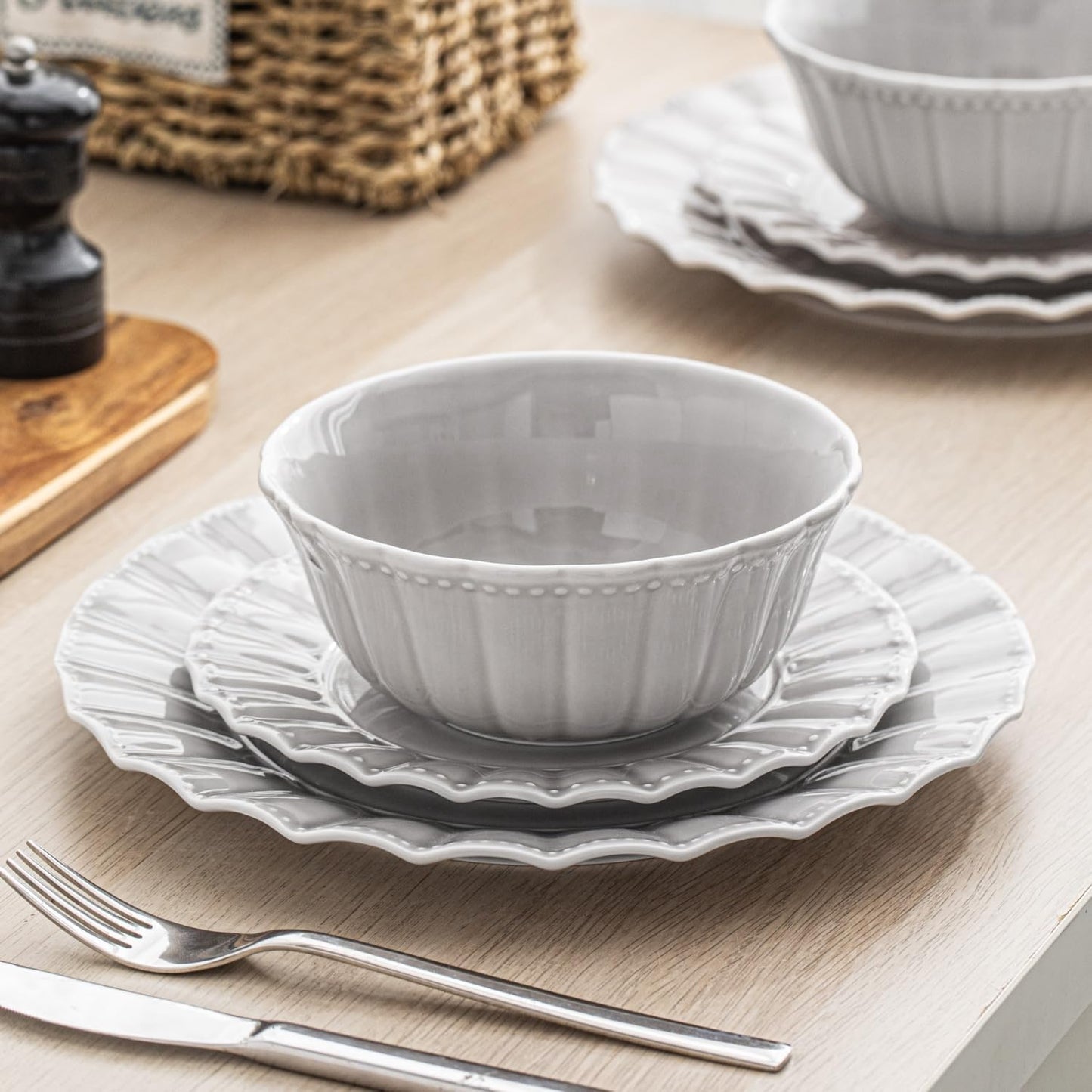 Dinnerware set, 12 Piece plates and bowls sets for 4, Ceramic Modern dish set for party, Porcelain dish set, House gift, Microwavable safe, Light Grey